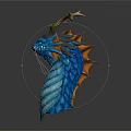 Blue Scaled Dragon Head With Green Branched Horns And Orange Accented Neck