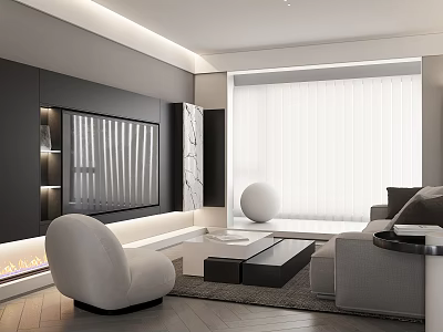 Modern Living Room Interior With Gray Sofa White Armchair And Black TV Wall 3d model