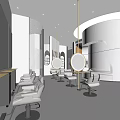 Elegant Beauty Hair Salon Interior Featuring White Curved Design Yellow Accent Mirrors Plants And Seating