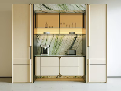 Modern Wine Cabinet With Marble Backdrop And Display Shelves For Wine Glasses 3d model