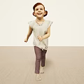 Cheerful Red Haired Girl Running Smiling In Light Gray Top Purple Pants White Shoes