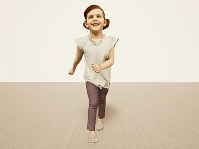 Cheerful Red Haired Girl Running Smiling In Light Gray Top Purple Pants White Shoes 3d model