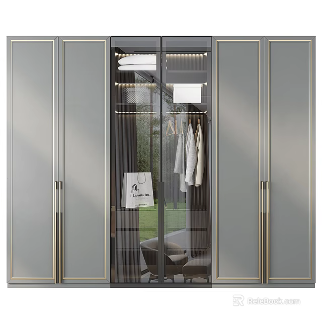 Elegant Modern Wardrobe Design with Glass Doors and Metal Frames Hanging Clothes 3d model 