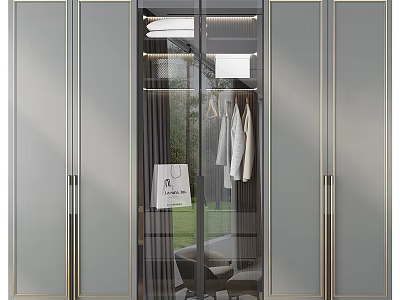 Elegant Modern Wardrobe Design with Glass Doors and Metal Frames Hanging Clothes 3d model
