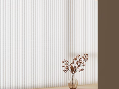 White Vertical Striped Curtains in Modern Interior with Glass Vase and Dried Flowers 3d model