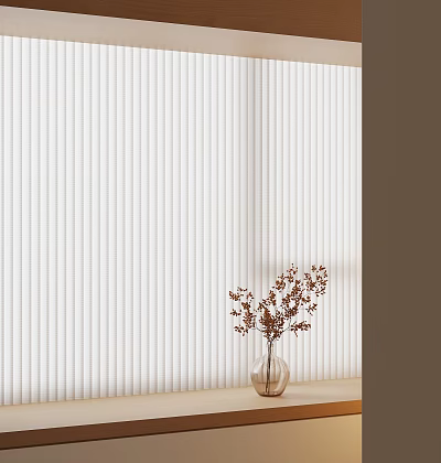 White Vertical Striped Curtains in Modern Interior with Glass Vase and Dried Flowers 3d model