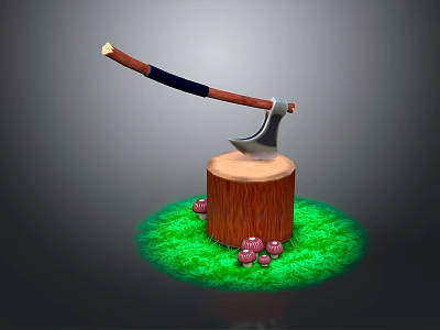 Wooden Axe Embedded In Tree Stump With Green Grass And Pink Mushrooms 3d model
