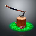 Wooden Axe Embedded In Tree Stump With Green Grass And Pink Mushrooms