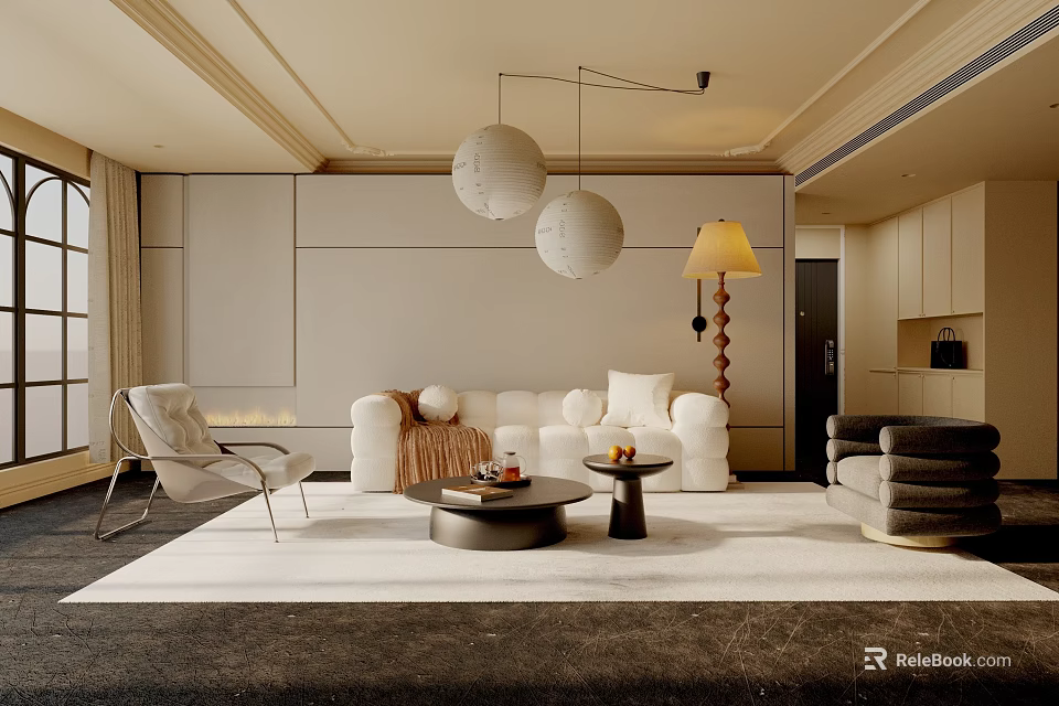 Modern Living Room Interior Design With White Sofa Pendant Lights And Light Colored Rug 3d model 