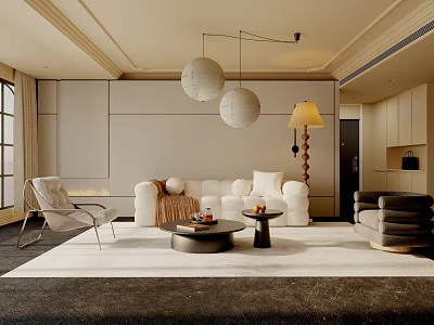 Modern Living Room Interior Design With White Sofa Pendant Lights And Light Colored Rug 3d model