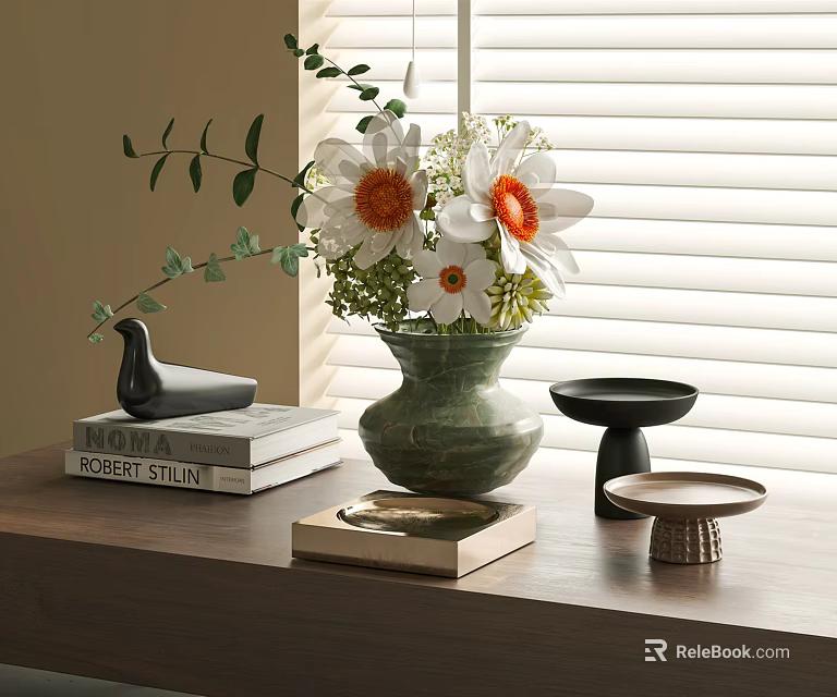 Floral Display With Green Vase White Orange Flowers Green Leaves And Books On Wooden Table 3d model 