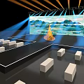 Stage Design with Colorful Lighting and Landscape Painting Backdrop Featuring Figure and White Blocks
