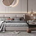 Modern Bedroom Interior Design With Round Decorative Mirror Striped Wall And Area Rug