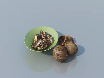 Green Bowl With Walnut Shells And Whole Walnuts On Light Blue Surface 3d model