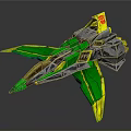 Cosmic Green And Yellow Spacecraft Showcasing Futuristic Aerodynamic Wing Design