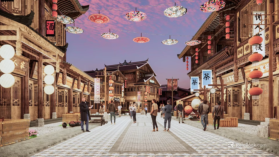 Traditional Commercial Street With Chinese Architecture Pedestrians Lanterns Tea Signs And Evening Sky 3d model 