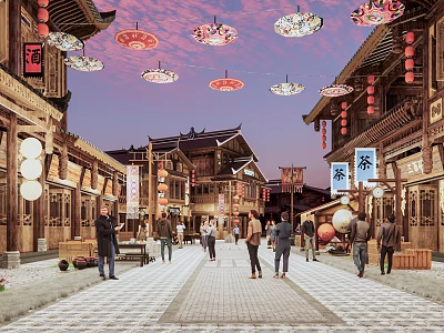 Traditional Commercial Street With Chinese Architecture Pedestrians Lanterns Tea Signs And Evening Sky 3d model