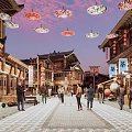 Traditional Commercial Street With Chinese Architecture Pedestrians Lanterns Tea Signs And Evening Sky