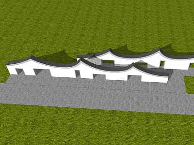 Traditional Chinese Garden Wall With White Walls Black Wavy Roof Gray Pavement On Green Lawn 3d model