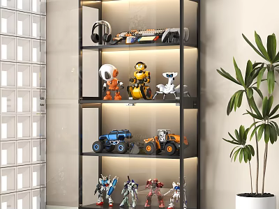 Stylish Toy Display Shelf With Robot Figures And Model Cars Collection 3d model