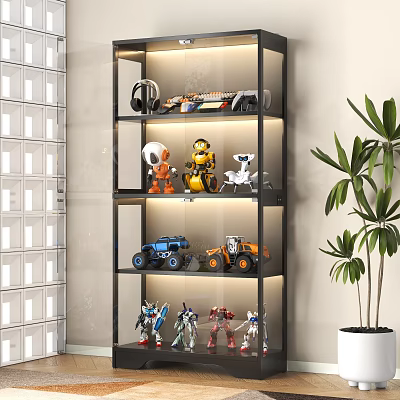 Stylish Toy Display Shelf With Robot Figures And Model Cars Collection 3d model