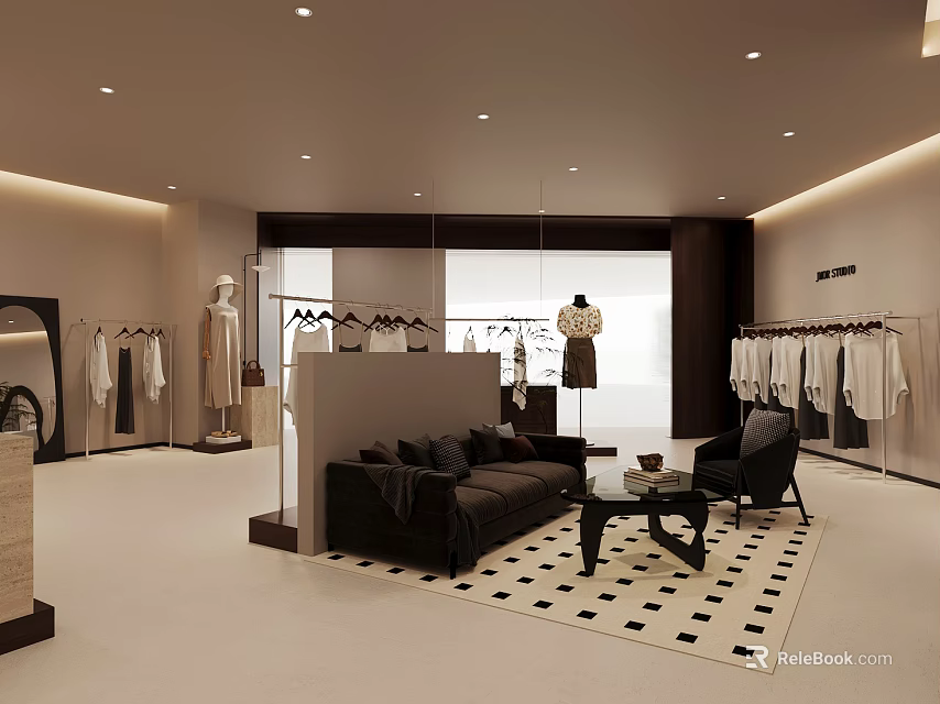 Stylish Modern Clothing Store Interior With Hanging Clothes Mannequins Sofa And Checkered Carpet 3d model 