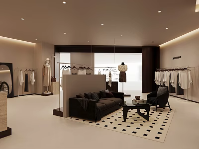 Stylish Modern Clothing Store Interior With Hanging Clothes Mannequins Sofa And Checkered Carpet 3d model