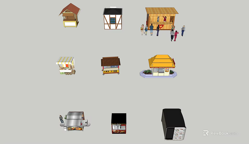 Various Small Vending Booths With Different Roof Designs And Structures 3d model