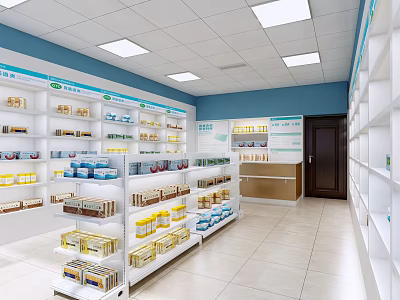 Pharmacy Store Interior With Well Organized Shelves And Various Medicines 3d model
