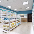 Pharmacy Store Interior With Well Organized Shelves And Various Medicines