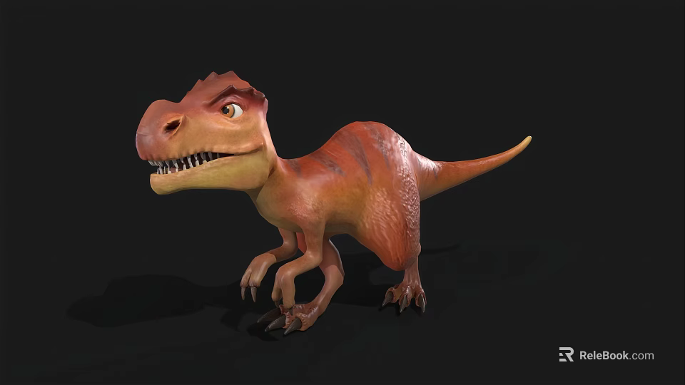 3D Cartoon Dinosaur Model With Reddish Brown Standing Pose Fierce Expression On Black Background 3d model