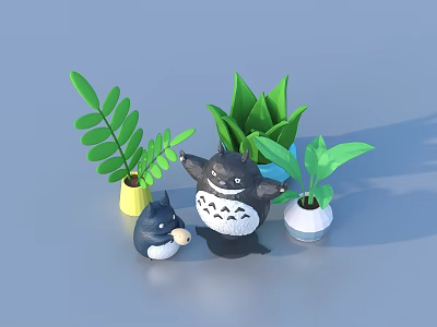 Adorable Totoro Figurines With Small Potted Green Plants And Leafy Decor 3d model