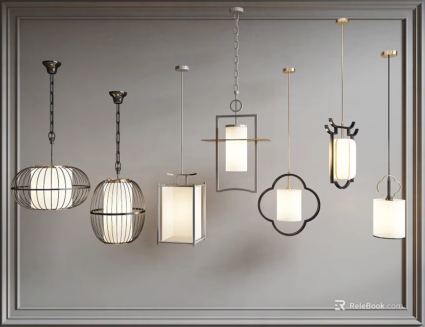 Chandeliers In Various Modern Designs With Metal Frames And Fabric Shades For Home Decor 3d model 