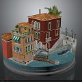 Venetian Style Building Model with Red Orange Facades Red Roofs Balconies Canal and Wooden Bridge