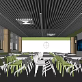 Modern School Classroom Interior With Green White Desks Chairs Striped Ceiling And Screens