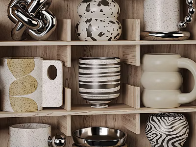 Modern Ceramic Mugs With Various Designs Displayed On Wooden Shelf For Home Decor 3d model
