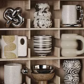 Modern Ceramic Mugs With Various Designs Displayed On Wooden Shelf For Home Decor