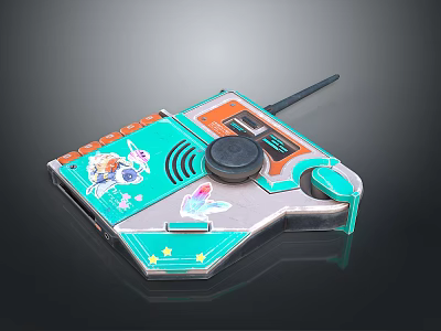 Teal And Orange Decorative Electronic Device With Antenna Cartoon Graphics Black Knob And Stars 3d model