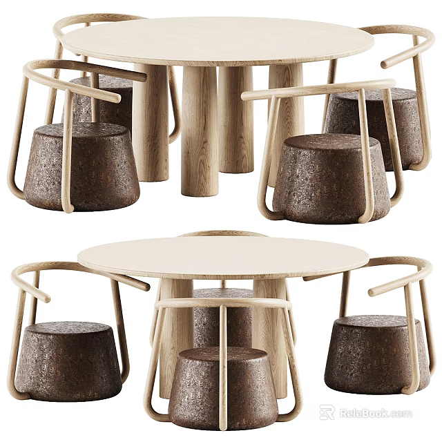 Modern Minimalist Round Dining Table Set With Wooden Stools And Curved Legs Design 3d model 
