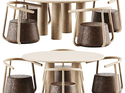 Modern Minimalist Round Dining Table Set With Wooden Stools And Curved Legs Design 3d model