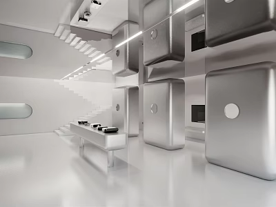 Futuristic Modern Interior Space With White Staircase Metal Cabinets And Geometric Shapes 3d model