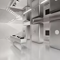 Futuristic Modern Interior Space With White Staircase Metal Cabinets And Geometric Shapes
