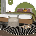 Playful Kids Bedroom Interior With Green Headboard Pink Pillows Crown Decor Toys And Striped Rug