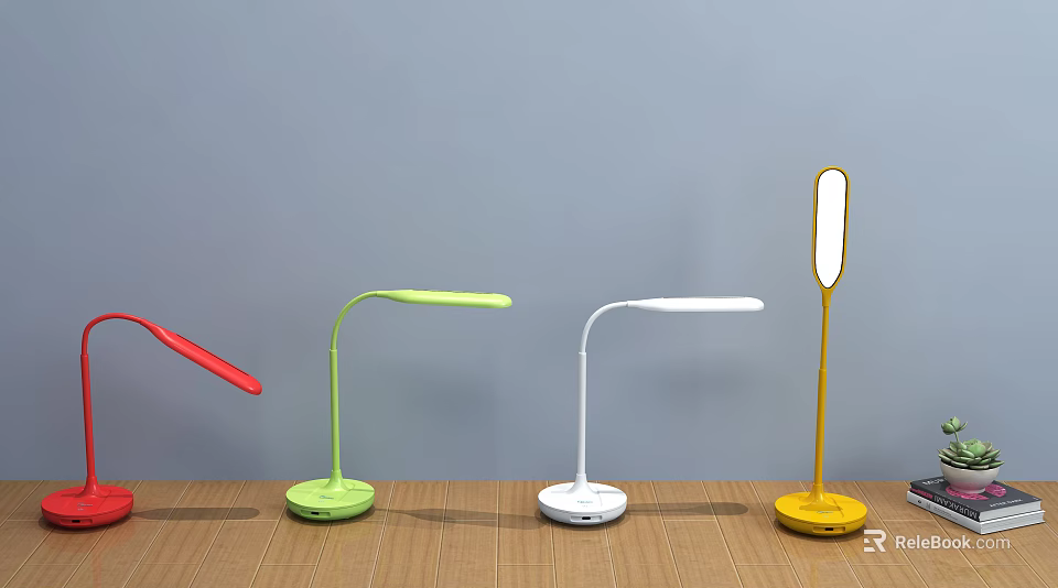 Colorful Table Lamps with Red Green White Yellow Curved Pole Round Base on Wooden Table 3d model 