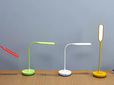 Colorful Table Lamps with Red Green White Yellow Curved Pole Round Base on Wooden Table 3d model