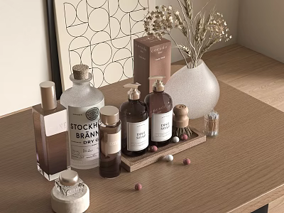 Stylish Wooden Table Decor With Scented Bottles Jars Dried Flower Vase And Art 3d model