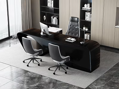 Modern Office Interior Design With Black Desk Computer And Gray Office Chairs 3d model