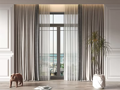 Elegant Floor Length Curtains In Modern Living Room With Sheer Panels And Plant 3d model