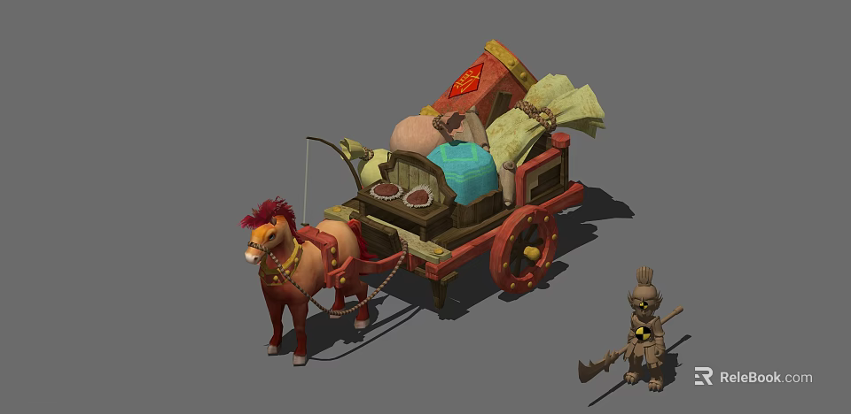 Horse Drawn Carriage with Red Mane Horse Loaded with Bags Barrels and Blue Cloth 3d model 