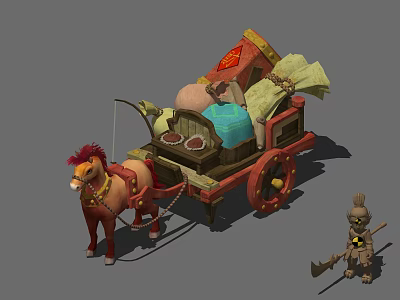 Horse Drawn Carriage with Red Mane Horse Loaded with Bags Barrels and Blue Cloth 3d model